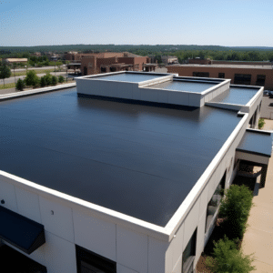 Home | Teague Roofing Plus 57 Dark flat membrane roof with a raised parapet on a modern commercial building