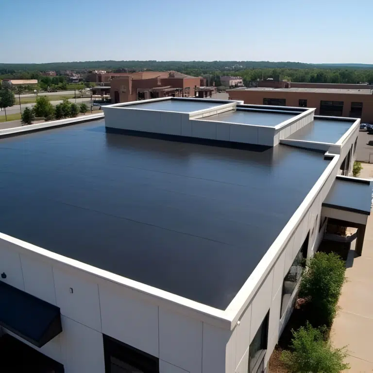 Dark flat membrane roof with a raised parapet on a modern commercial building