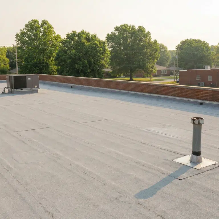 Flat commercial roof surface with a vent pipe and rooftop drainage