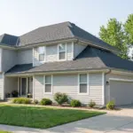 Two story home with light siding and an asphalt shingle roof