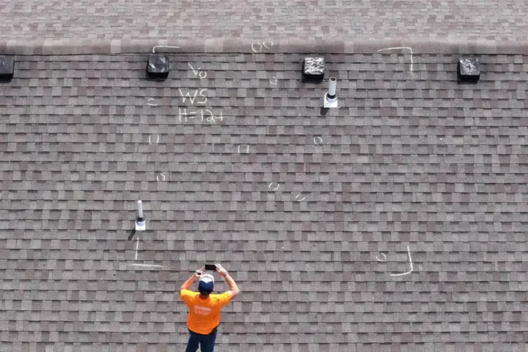 Free Roof Inspection | Southwest Missouri | Teague Roofing Plus 1 Inspector photographing chalk marked hail impact points on an asphalt shingle roof