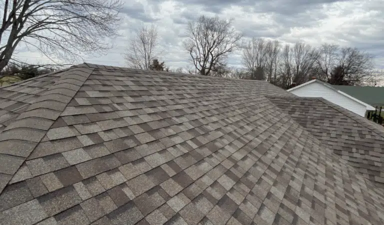 Close view of an asphalt shingle roof field and ridge
