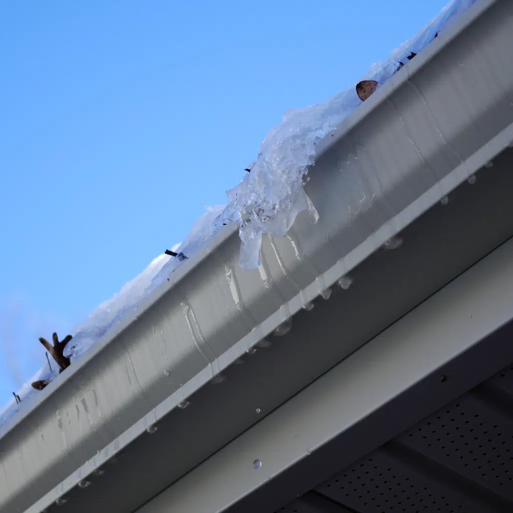 What Gutter Installation Actually Involves 1 Close view of a gutter and fascia with water and ice at the edge