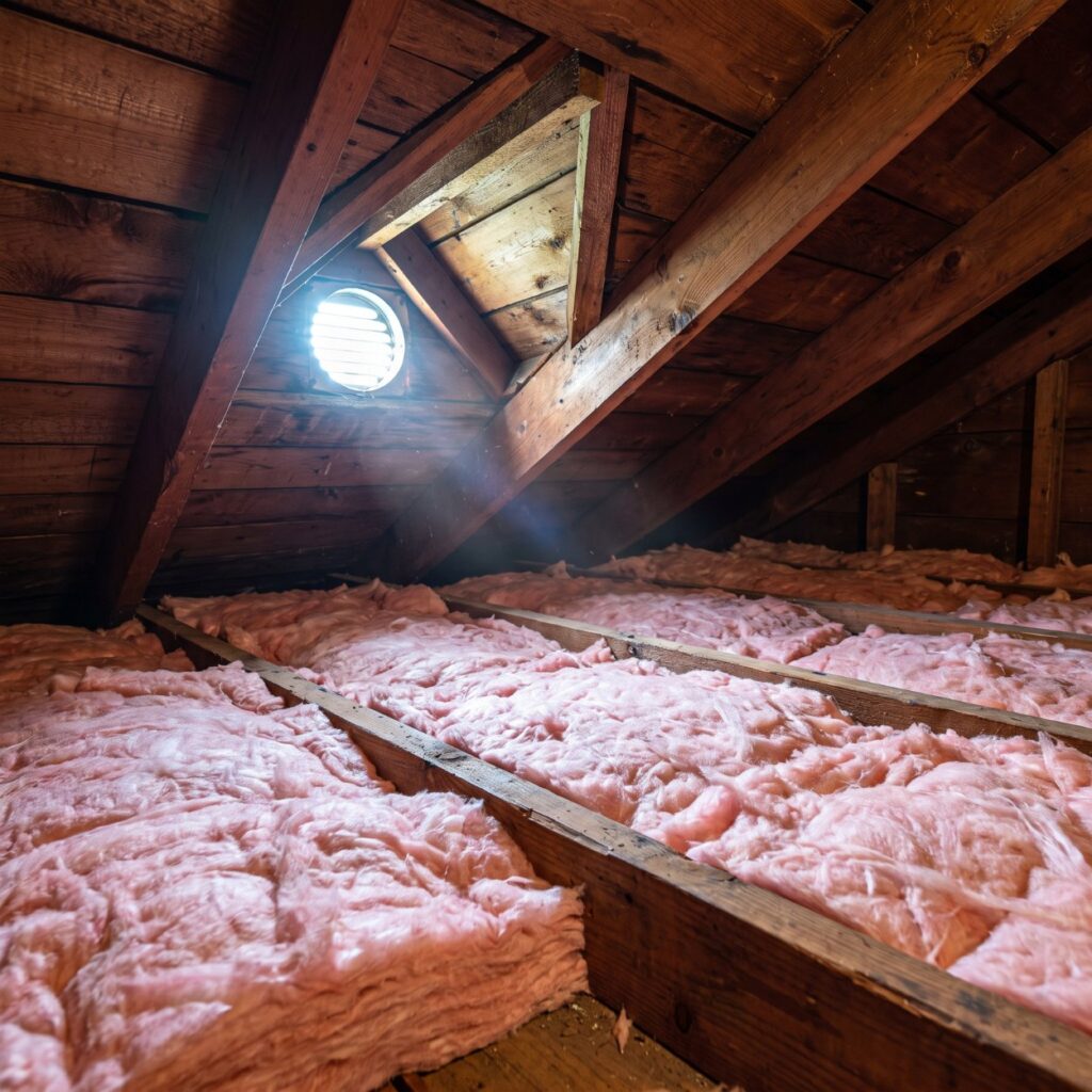 Attic ventilation with clear soffit vents and even insulation coverage