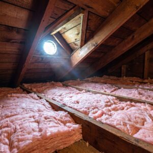 Attic ventilation with clear soffit vents and even insulation coverage