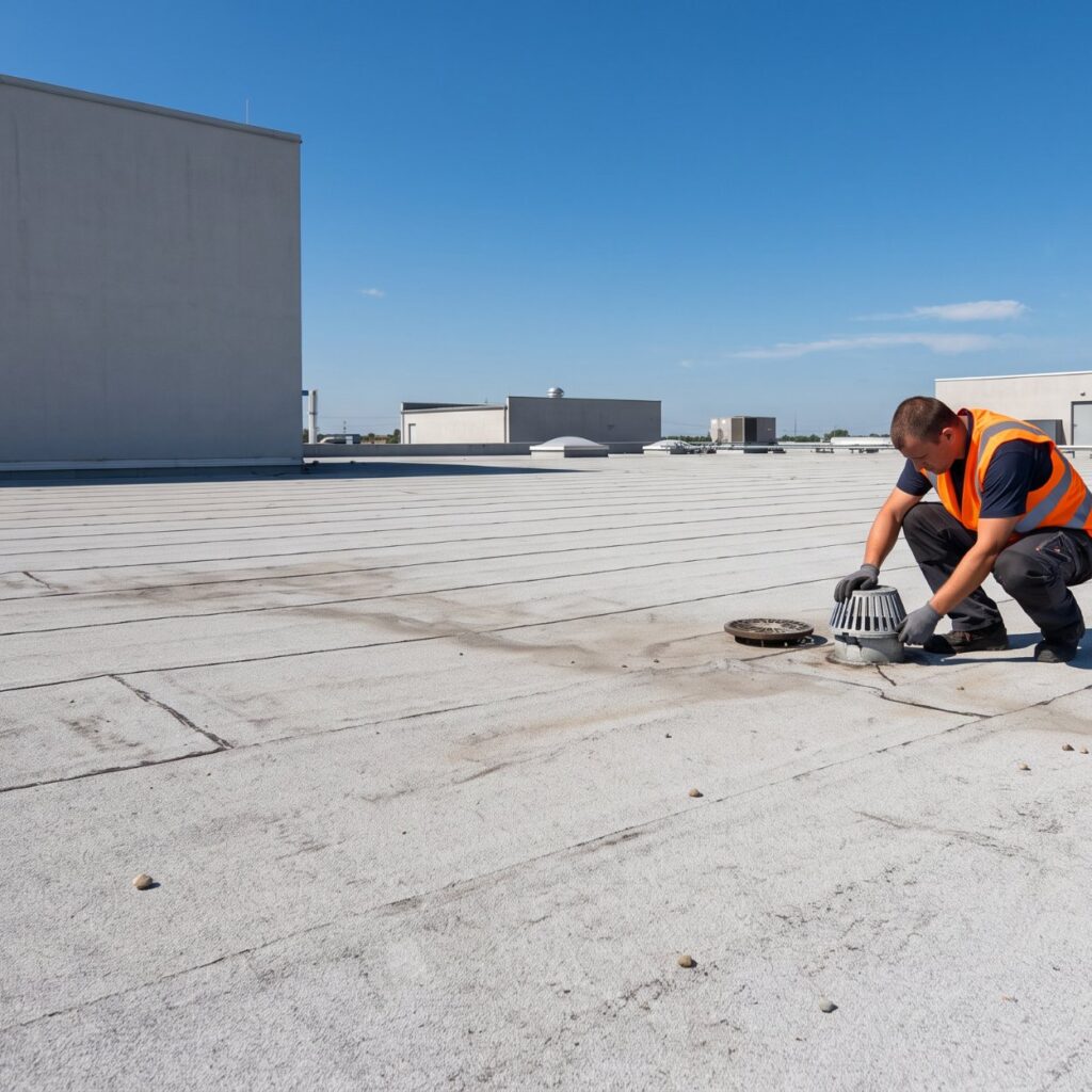 A worker inspecting a roof drain on a flat commercial membrane roof