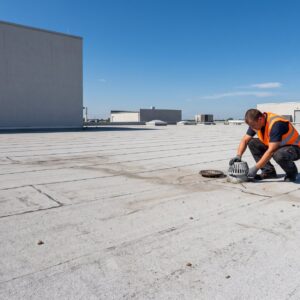 A worker inspecting a roof drain on a flat commercial membrane roof