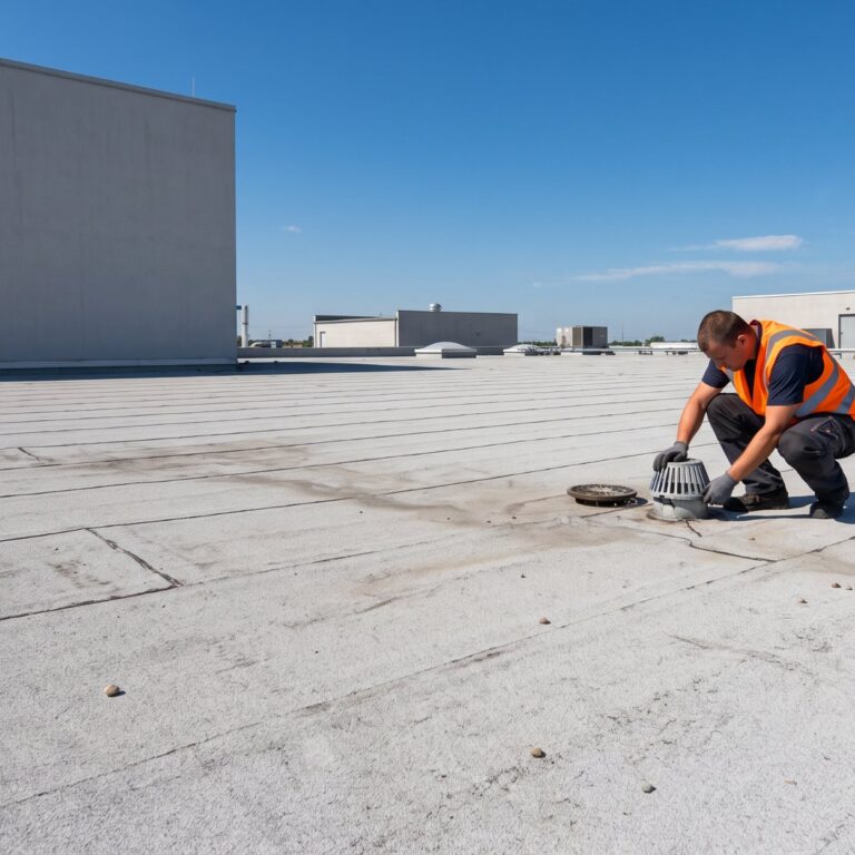 A worker inspecting a roof drain on a flat commercial membrane roof
