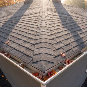 Fall roof maintenance inspection of shingles and gutters on a springfield home