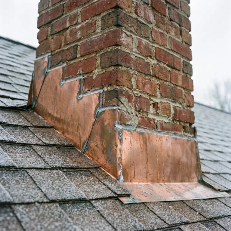 Roof flashing at a chimney base checked for gaps and rust before winter