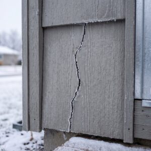 Cracked siding seam and failing caulk at an exterior corner before winter