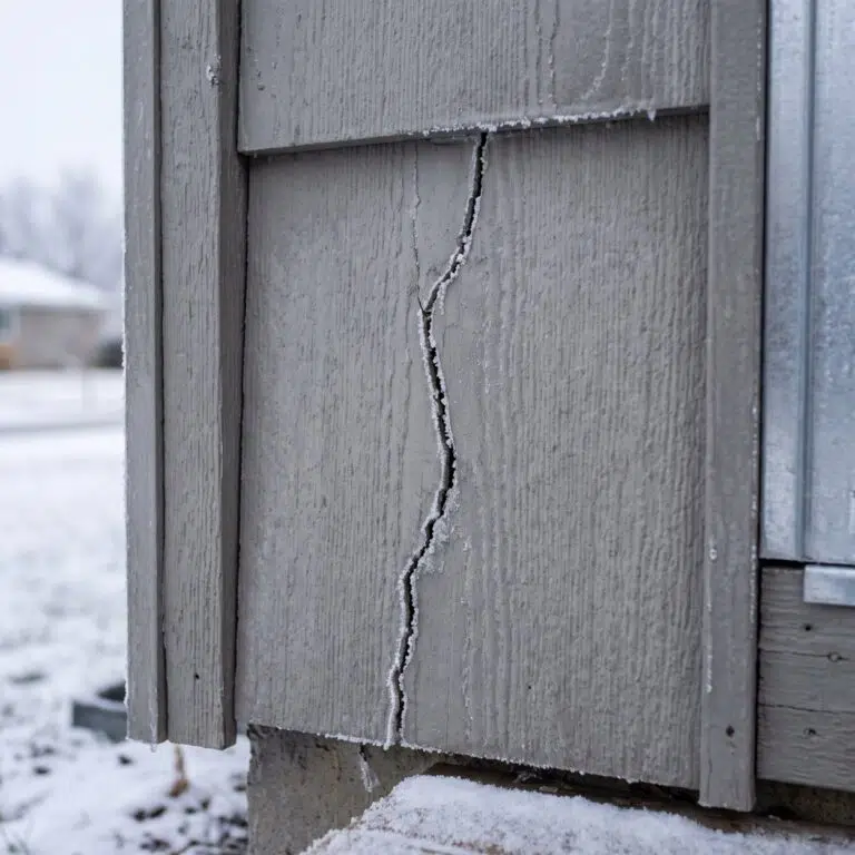 Cracked siding seam and failing caulk at an exterior corner before winter