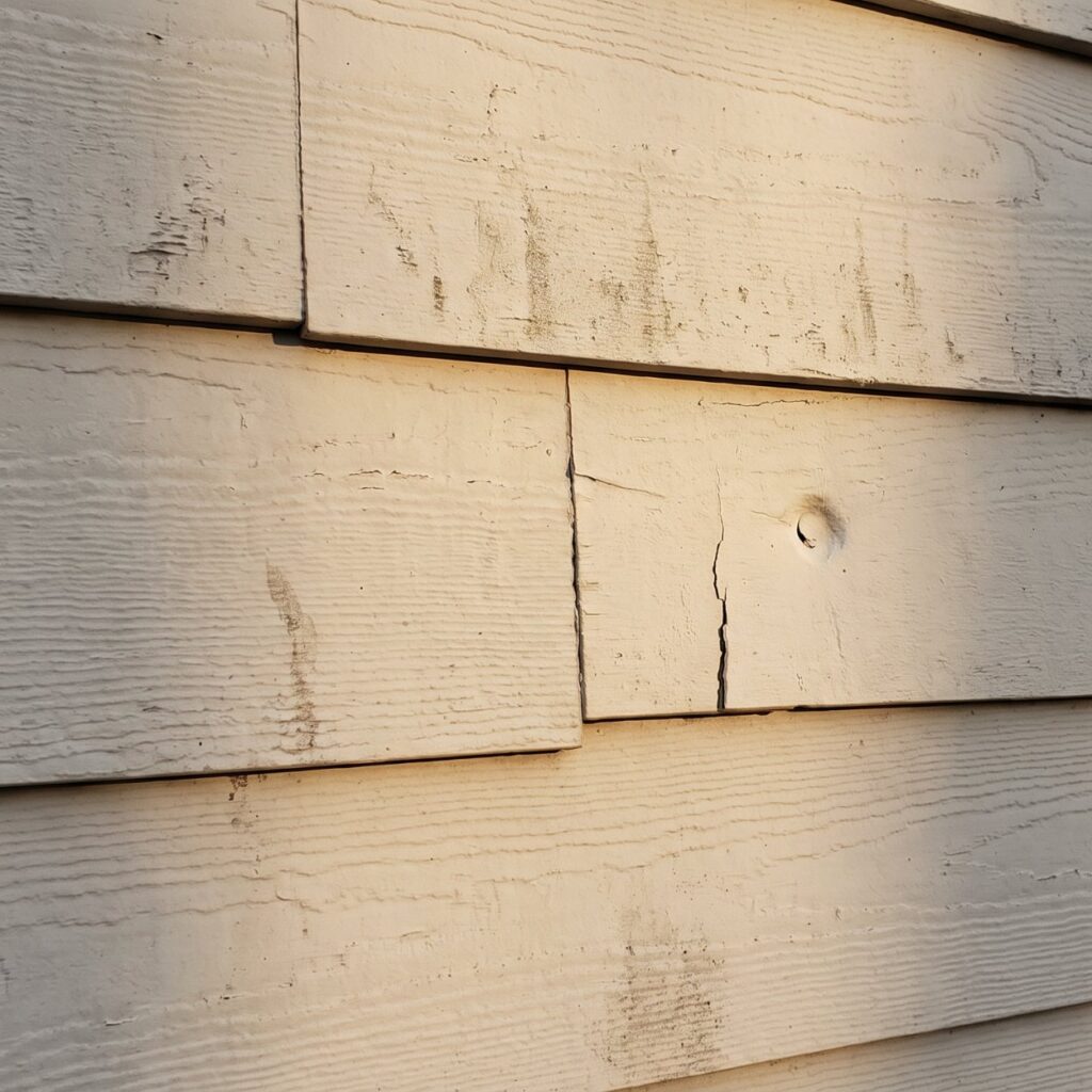 Cracked and punctured lap siding on an exterior wall