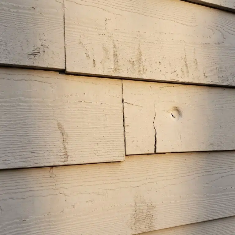 Cracked and punctured lap siding on an exterior wall