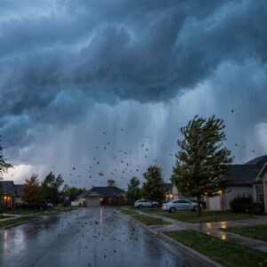 Dark storm clouds and blowing debris over a neighborhood street summer storm damage