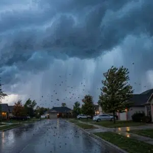 Dark storm clouds and blowing debris over a neighborhood street summer storm damage