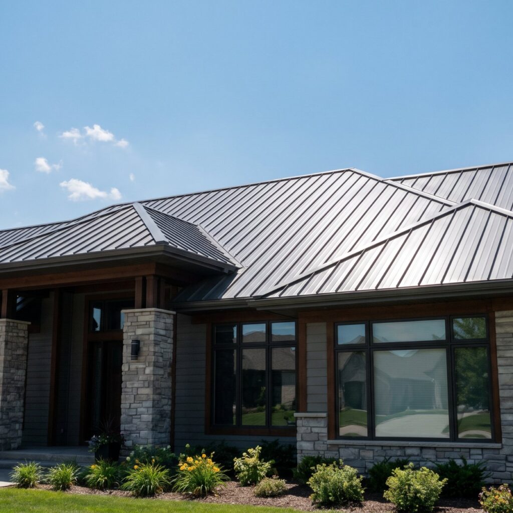 Standing seam metal roof on a single story home under a clear sky