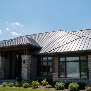 Standing seam metal roof on a single story home under a clear sky