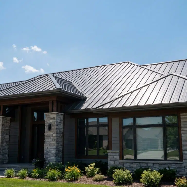 Standing seam metal roof on a single story home under a clear sky