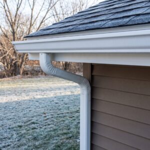 Gutter system with downspout drainage prepared for freezing temperatures