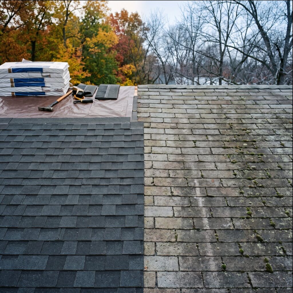Roof replacement in progress on a missouri home during fall