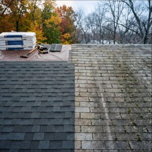 Roof replacement in progress on a missouri home during fall