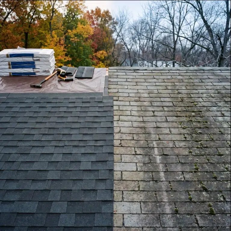 Roof replacement in progress on a Missouri home during fall
