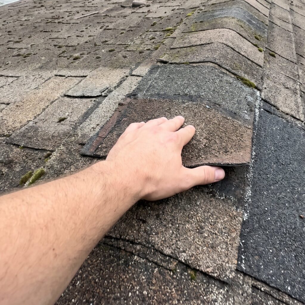 A hand lifting a curled asphalt shingle to check the roof underneath-roof repair and replacement
