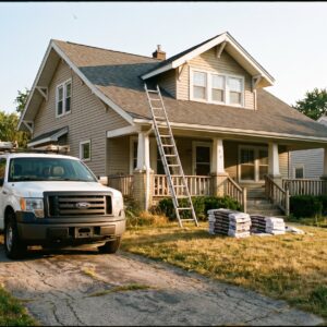 A pickup truck and ladder set up at a home for a roofing project