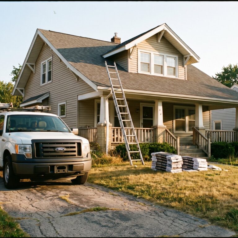 A pickup truck and ladder set up at a home for a roofing project