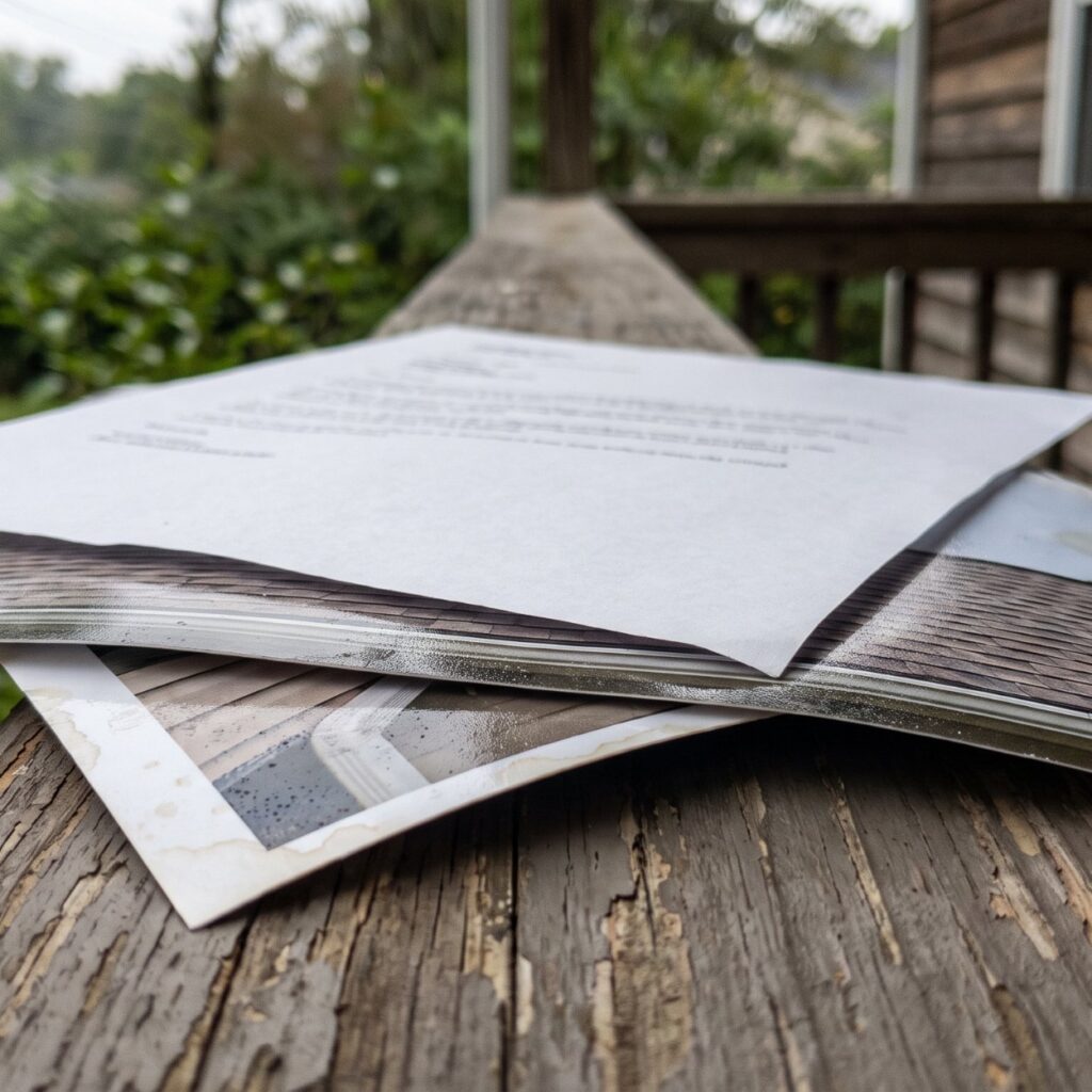 Printed insurance claims paperwork spread across a wooden table