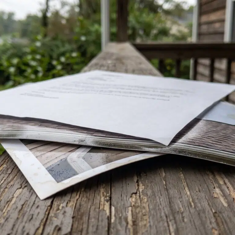 Printed insurance claims paperwork spread across a wooden table