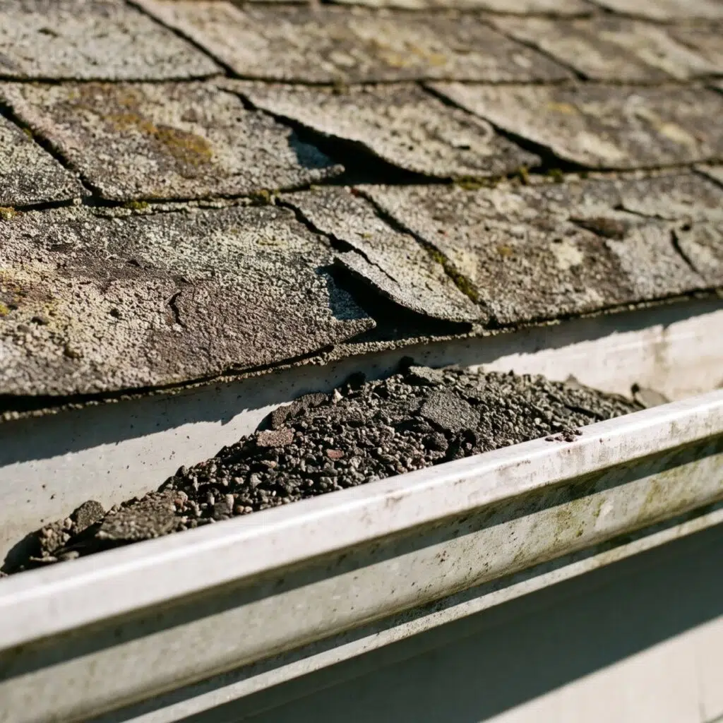 How Summer Heat Damages Your Roof In Springfield Mo 16 Weathered asphalt shingles with granules collecting in the gutter below