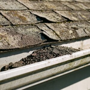 Weathered asphalt shingles with granules collecting in the gutter below