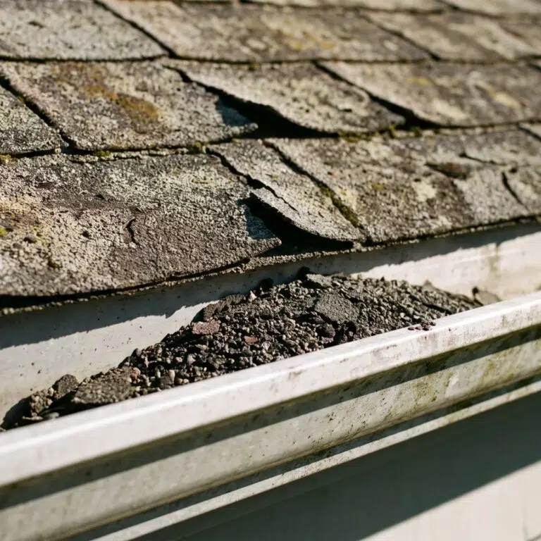 Weathered asphalt shingles with granules collecting in the gutter below