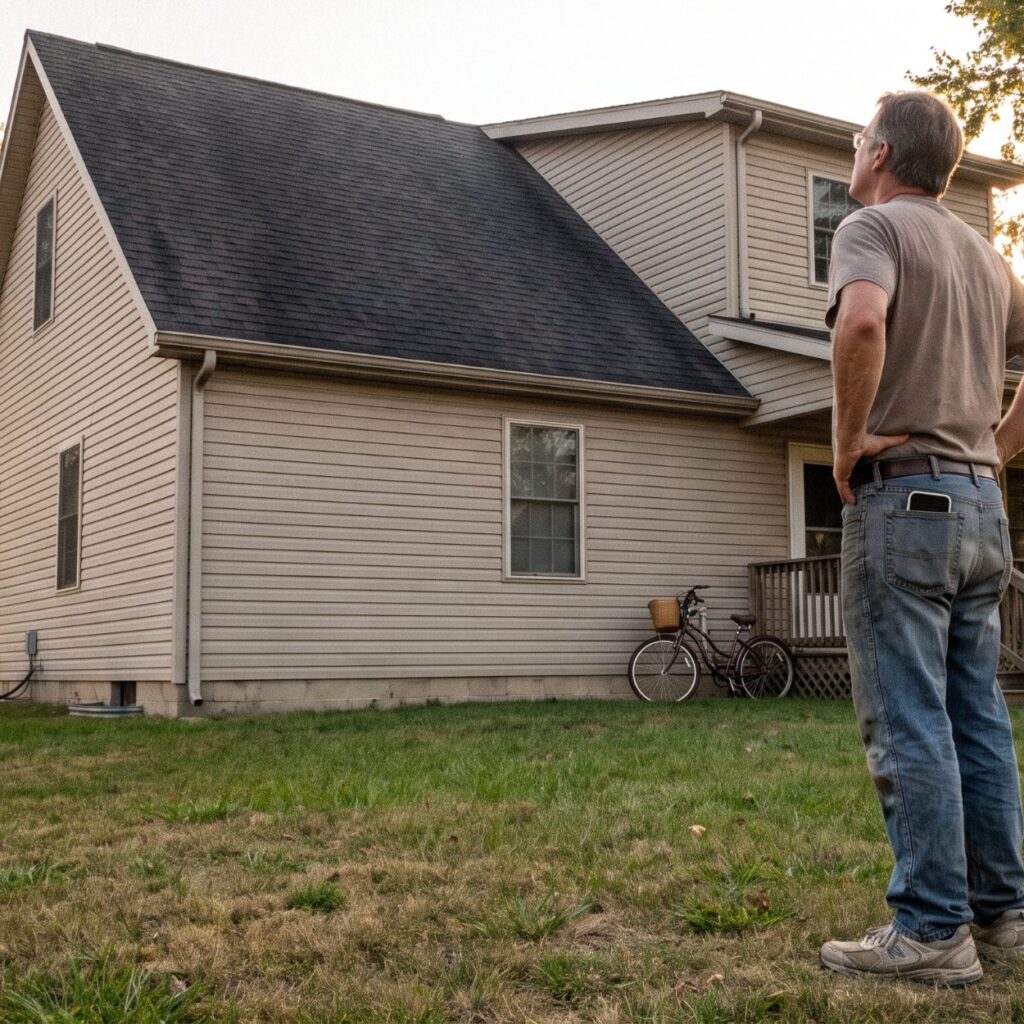 A homeowner standing in the yard looking up at his roof-roof inspection