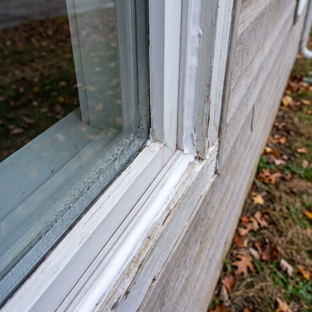 Window sealing with fresh caulk applied around an exterior window frame