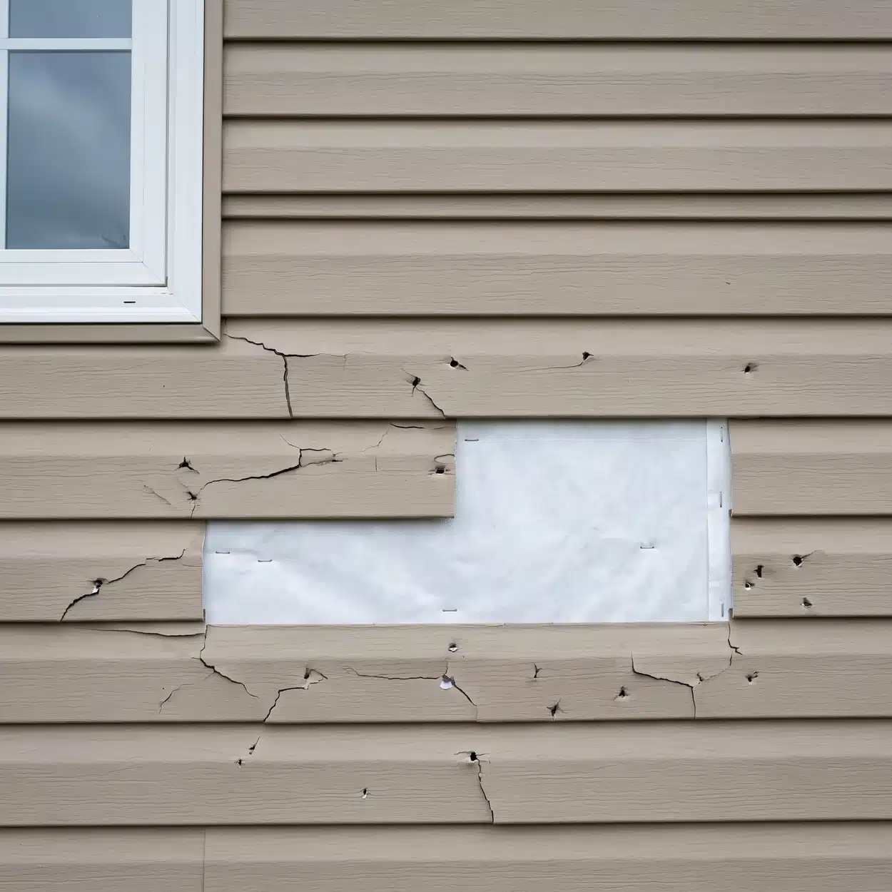 Hail-cracked tan vinyl siding with two missing panels exposing white house wrap stapled to the wall behind it